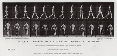 Mozgó emberalak: sportoló, egyik kezében ötven kilós súllyal sétál (f/w fotó) alkotó: Eadweard Muybridge