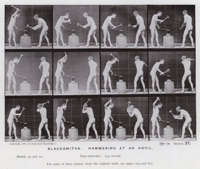 Mozgó emberalak: Kovácsok, kalapálnak egy üllőt (f/w fotó) alkotó: Eadweard Muybridge