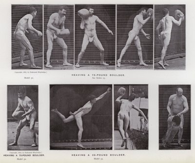 Az emberi alak mozgásban: egy 75 kilós sziklatömb feldobása; 20 kilós sziklatömb felemelése (f/w fotó) alkotó: Eadweard Muybridge