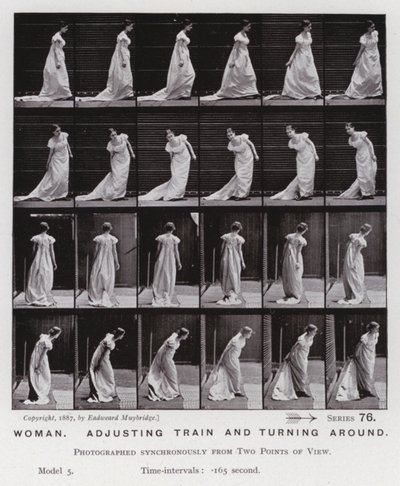 Az emberi alak mozgásban: Nő, igazodik a vonathoz és megfordul (f/w fotó) alkotó: Eadweard Muybridge