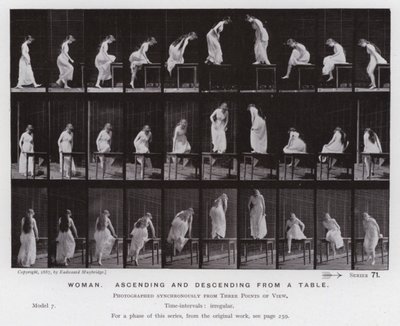 Mozgó emberalak: Nő, fel- és leszáll az asztalról (f/w fotó) alkotó: Eadweard Muybridge