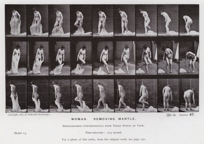 Mozgó emberi alak: nő, leveti a köpenyt (f/w fotó) alkotó: Eadweard Muybridge