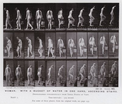 Mozgó emberalak: Nő, egyik kezében egy vödör vízzel, lépcsőn felfelé (f/w fotó) alkotó: Eadweard Muybridge