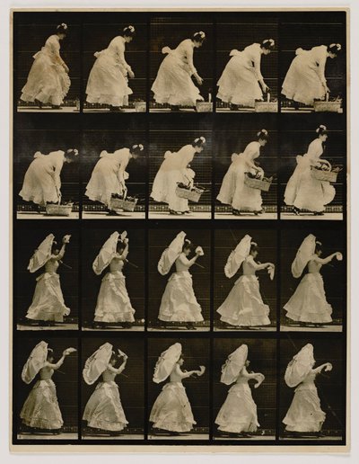 Nő kosarat emel, zsebkendőt lenget, az Animal Locomotion című könyvből alkotó: Eadweard Muybridge