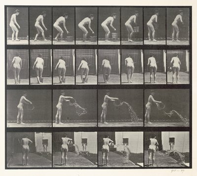 Egy vödör vizet dobáló nő, 401. tábla az "Animal Locomotion"-ból, 1887 alkotó: Eadweard Muybridge