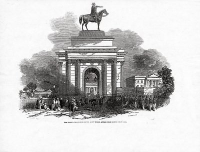 A Great Wellington-szobor, ahogyan az a Constitution Hillből látszik, megjelent a „The Illustrated London News”-ban, 1846. október 3. alkotó: Ebenezer Landells