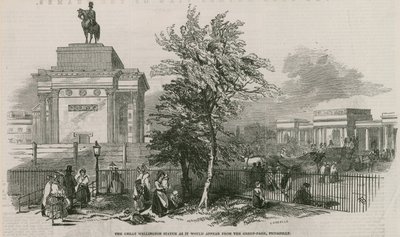A nagy Wellington-szobor és a boltív, ahogyan a Green Parkból, a Piccadillyről látszik. alkotó: Ebenezer Landells