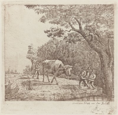 Négy férfi és egy bika Egy vad bika (cím a tárgyon) alkotó: Eberhard Cornelis Rahms