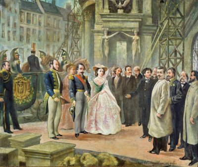 Georges-Eugene Haussmann báró (1809-91) III. Napóleon (1808-73) és Eugenie császárné (1826-1920) Munkások látogatása az Operában alkotó: Ed. Gilis