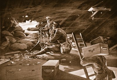Windell tizedes géppuskájának tüzével megtöri az ellenség támadását egy Neuve Chapelle melletti ház tetejéről alkotó: Edgar Alfred Holloway