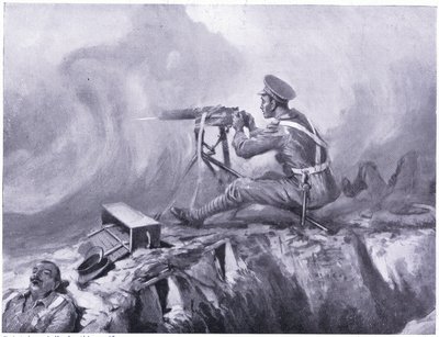Lynn közlegény gázmérgezésben haldoklik, gépfegyvert szolgál ki, és lever egy német támadást. Ypres 1915. április alkotó: Edgar Alfred Holloway