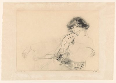 Fiatal nő íjjal a hajában ül egy széken alkotó: Edgar Chahine (signed by artist)