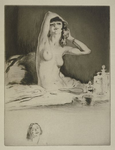 Egy nő a vécéjénél, illusztrációja Sidonie-Gabrielle Colette (1873-1954) „Mitsou”-jához, 1930-ban (rézkarc és szárazhús) alkotó: Edgar Chahine