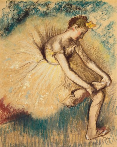 Egy táncos, aki felveszi a cipőjét; Táncosnő köti a cipőjét, 1896 alkotó: Edgar Degas