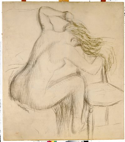 Egy ülő meztelen nő, aki a haját formálja alkotó: Edgar Degas
