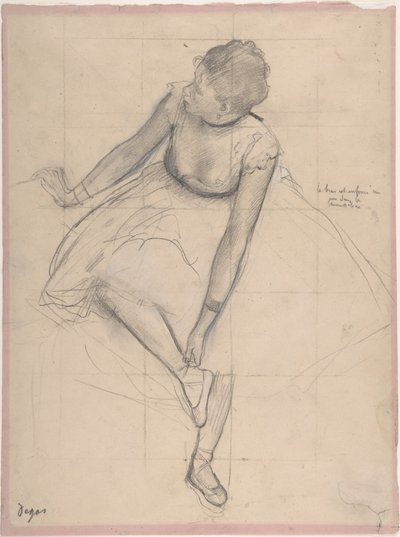 Dancer Adjusting Her Slipper, 1873 (grafittal, fekete-fehér krétával, rózsaszín szőtt papíron) alkotó: Edgar Degas
