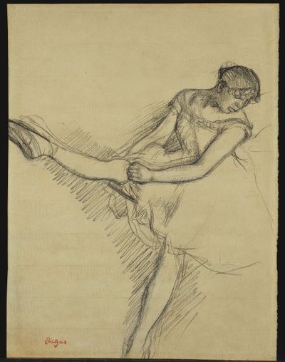 Táncosnő ülve, újraigazítja harisnyáját, 1880 körül alkotó: Edgar Degas
