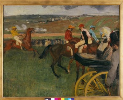A versenypálya. Amatőr zsokék autóval alkotó: Edgar Degas