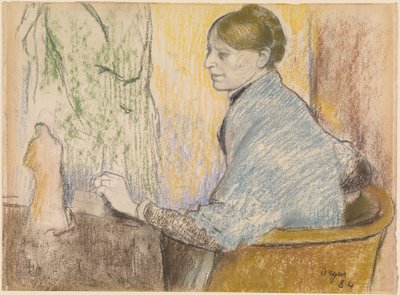 Henri Rouartné karosszékben, egy Tanagra-szobrocskás asztalka előtt alkotó: Edgar Degas