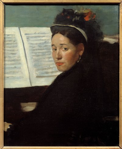Mademoiselle Dihau (1843-1935) a koncertek zongoraművésze Oszlop, zongorán Edgar Degas (1834-1917) festménye 1869 V. 0,45x0,32 m Párizs, Muse d