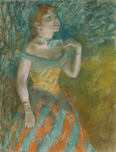 Az énekes zöldben, 1884 körül (pasztell világoskék papírra) alkotó: Edgar Degas