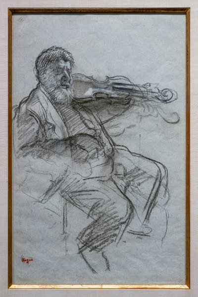 A hegedűs. 1879. Faszén és fehér kréta kiemelések kék-szürke papíron. Boston, Szépművészeti Múzeum, William Francis Warden Fund. alkotó: Edgar Degas
