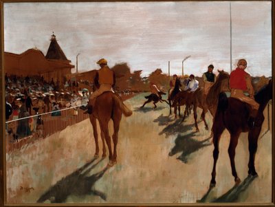 Felvonulás vagy versenylovak a lelátó előtt (olaj, vászon alkotó: Edgar Degas