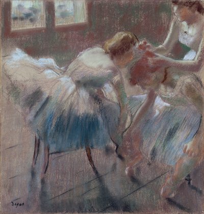 Három táncos készül az órára, 1880 körül (pasztell szőtt színű papíron) alkotó: Edgar Degas