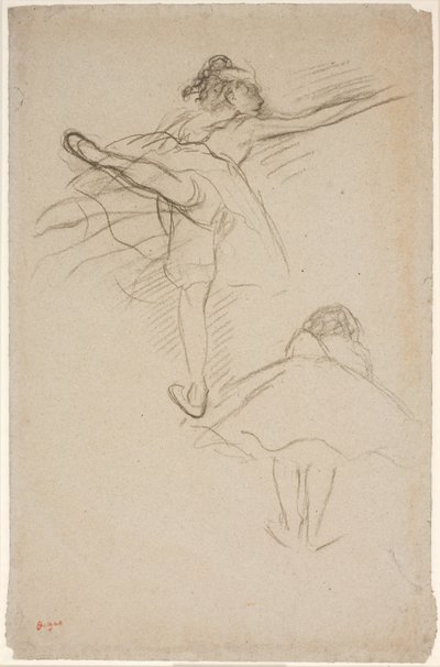 Két tanulmány női táncosokról. Fent, bal lábán álló táncosnő; lent, előrehajolt táncos hátulról nézve alkotó: Edgar Degas