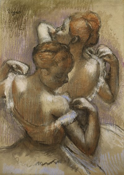 Két táncos vállpántjait igazgatja, 1897 körül alkotó: Edgar Degas