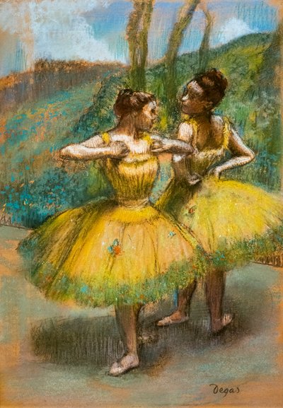 Két táncos sárga ruhában. 1896 körül. Pasztell és szén két papírcsíkon. alkotó: Edgar Degas