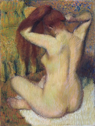 Haját fésülködő nő, 1888-90 körül (pasztell, világoszöld szőtt papíron, rögzítve a tartóra) alkotó: Edgar Degas