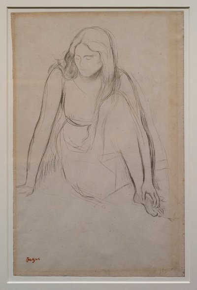 Nő ül a víz partján. 1867-1868 körül. Fekete ceruza velin papíron. alkotó: Edgar Degas