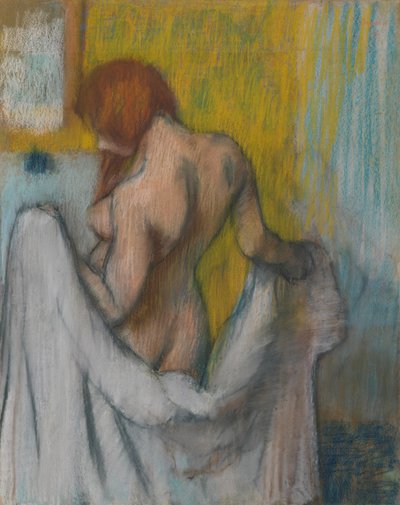 Nő törülközővel, 1894 vagy 1898 (pasztell, krémszínű szőtt papíron, piros és kék szálakkal) alkotó: Edgar Degas
