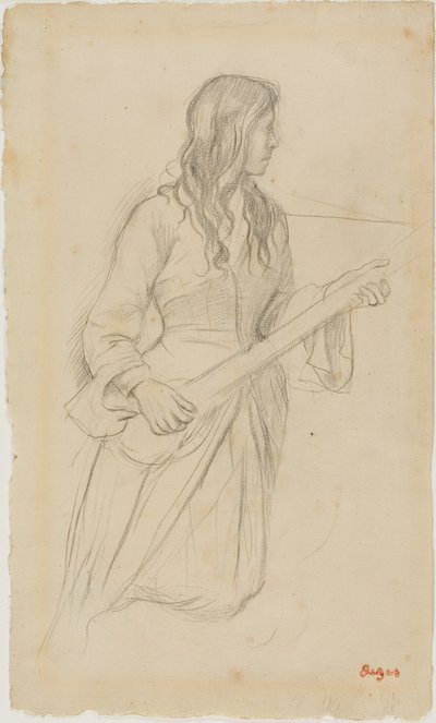 Mandolinon játszó fiatal nő, tanulmány Mlle. Fiocre portréjához a "La Source" balettben alkotó: Edgar Degas