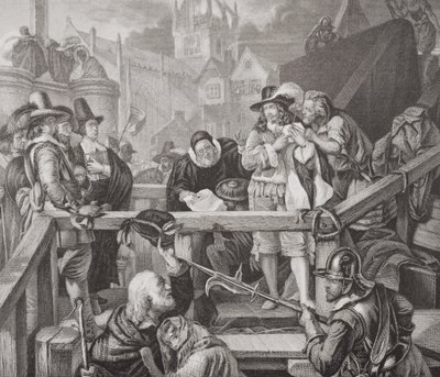 Montrose márki a kivégzés helyén, az edinburghi High Street-en 1650-ben, az "Illustrations of English and Scottish History" I. kötetéből (metszet). alkotó: Edgar Melville (after) Ward