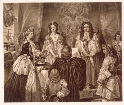A koronát a Lords and Commons felajánlotta Williamnek és Marynek Whitehallban, február 12-én alkotó: Edgar Melville (after) Ward