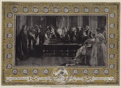 Őfelsége, a királynő III. Napóleon császárt a Harisnyakötő Renddel ruházza fel a windsori kastélyban, 1855. április alkotó: Edgar Melville Ward