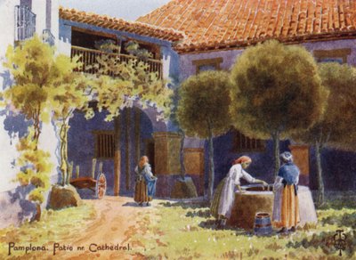 Észak-Spanyolország: Pamplona, terasz a katedrális közelében (színes litho) alkotó: Edgar T. A. Wigram