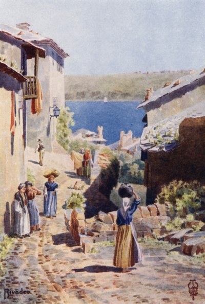 Észak-Spanyolország: Rivadeo, A kikötő megközelítése (színes litho) alkotó: Edgar T. A. Wigram