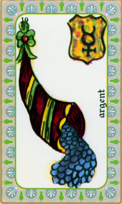 Tarot magától Belline rajzolta Edmond Billaudot c. 1845, és a tisztánlátó Belline-nek adták újra kiadásra: pénzkártya: érmék a bőségszarvban alkotó: Edmond Billaudot