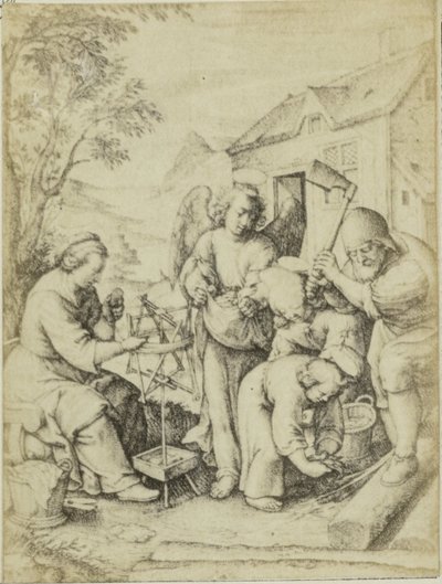 Fotoreproductie van de gravure A forgácsajtó Hieronymus Wierix Chipek (cím az objektumon) alkotó: Edmond Fierlants