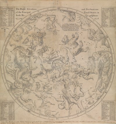 A fő állócsillagok jobbra felszállása és deklinációja mindkét féltekén az 1678. évre vonatkozóan alkotó: Edmond Halley