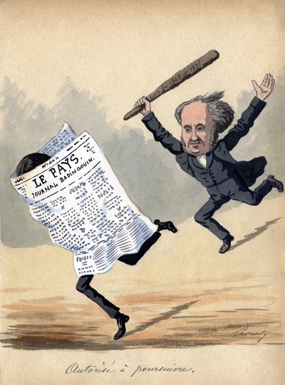 "Hatóság a büntetőeljárás lefolytatására", karikatúra az 1875-ös franciaországi sajtótörvényről (színes litográfia) alkotó: Edmond Lavrate
