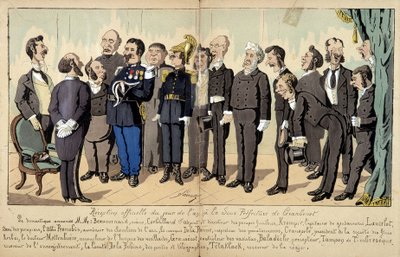 Lavrate rajzfilm a francia társadalomról: a közszolgálati, közigazgatási szolgálatok különböző alakjai... hivatalos fogadáson. 1880 alkotó: Edmond Lavrate