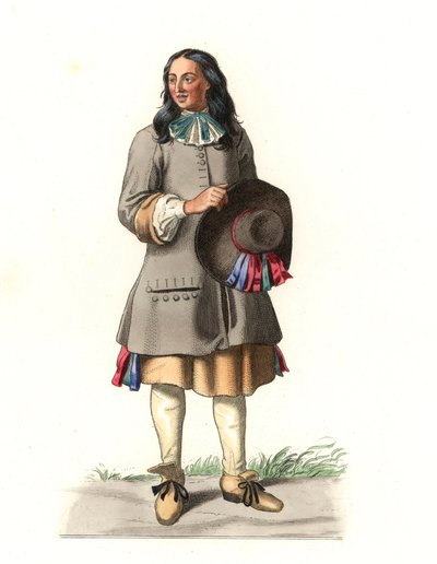 17. századi francia paraszt, Jean Saint Jean 1679-es metszete után - Edmond Lechevallier-Chevignard (1825-1902) illusztrációjának litográfiája a „Costumes historiques des 16e” c. alkotó: Edmond Lechevallier Chevignard