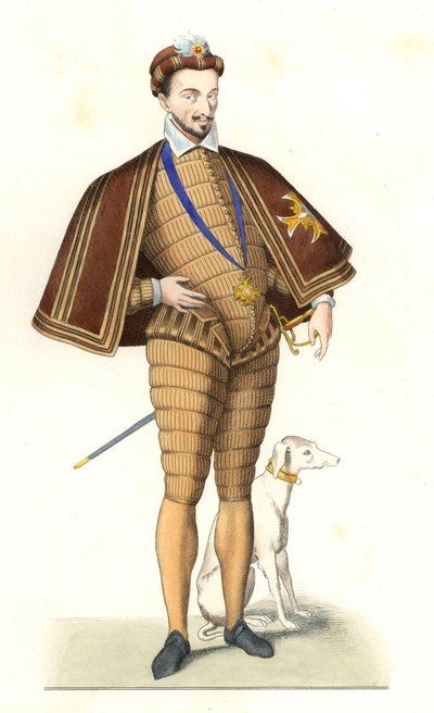 III. Henrik francia király (1551-1589), a Szentlélek-rend nyakláncát viselő – Litográfia Edmond Lechevallier-Chevignard (1825-1902) illusztrációja után, a „Costumes historiques des 16th” c. alkotó: Edmond Lechevallier Chevignard