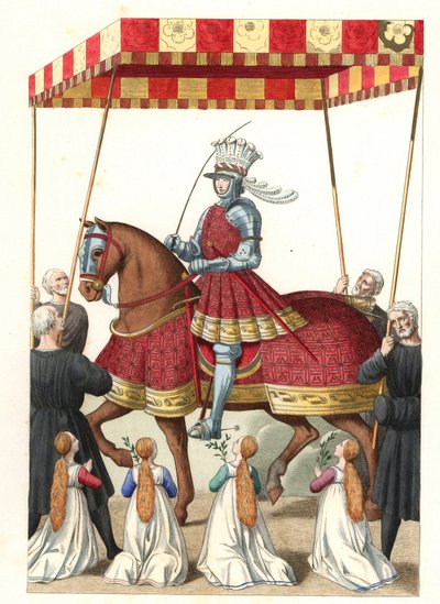 XII. Lajos francia király (1462-1515), Jean Marot (vagy Desmarets, 1450 körül - 1526 körül) miniatúrája nyomán - Litográfia Edmond Lechevallier-Chevignard (1825-1902) illusztrációjából, „16. történelmi viseleteiből alkotó: Edmond Lechevallier Chevignard