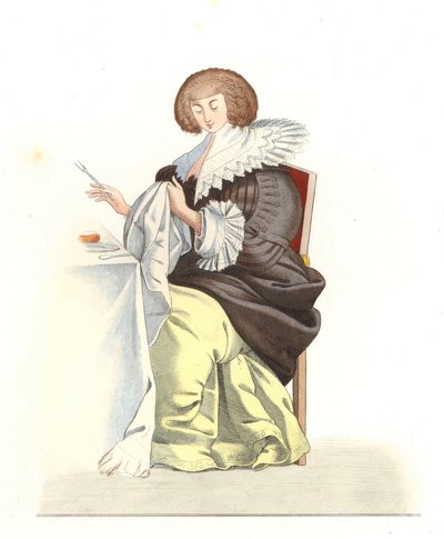 századi francia előkelő nő, Abraham Bosse (1602-1676) metszete nyomán – Litográfia Edmond Lechevallier-Chevignard (1825-1902) illusztrációjából, a „Costumes historiques des 16th” c. alkotó: Edmond Lechevallier Chevignard