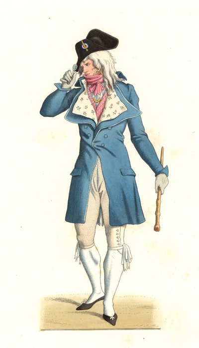 Fiatal francia férfi, aki a 18. századi hihetetlenek divatja szerint született, Carle Vernet (1758-1836) festménye nyomán - Litográfia Edmond Lechevallier-Chevignard (1825-1902) illusztrációjából, a „Costumes historiques des 16e” c. alkotó: Edmond Lechevallier Chevignard